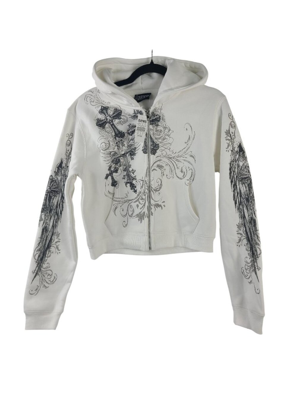 NEW Insomnia IV Elegance Cropped Hoodie With Angel & Cross Graphic White Sz XL